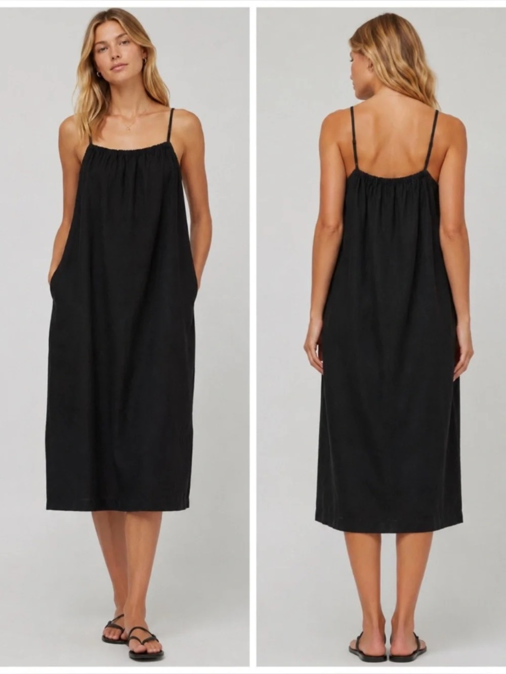 A New Day Large Black Linen Blend Midi Slip Dress Spaghetti Strap Pocket NWT
